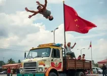 jovem acrobata na carreta da alegria