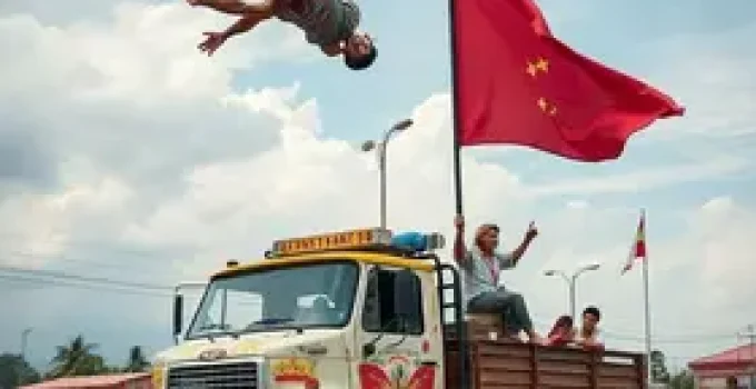 jovem acrobata na carreta da alegria