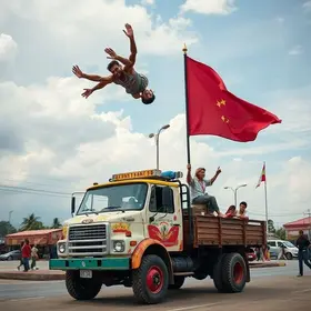 jovem acrobata na carreta da alegria